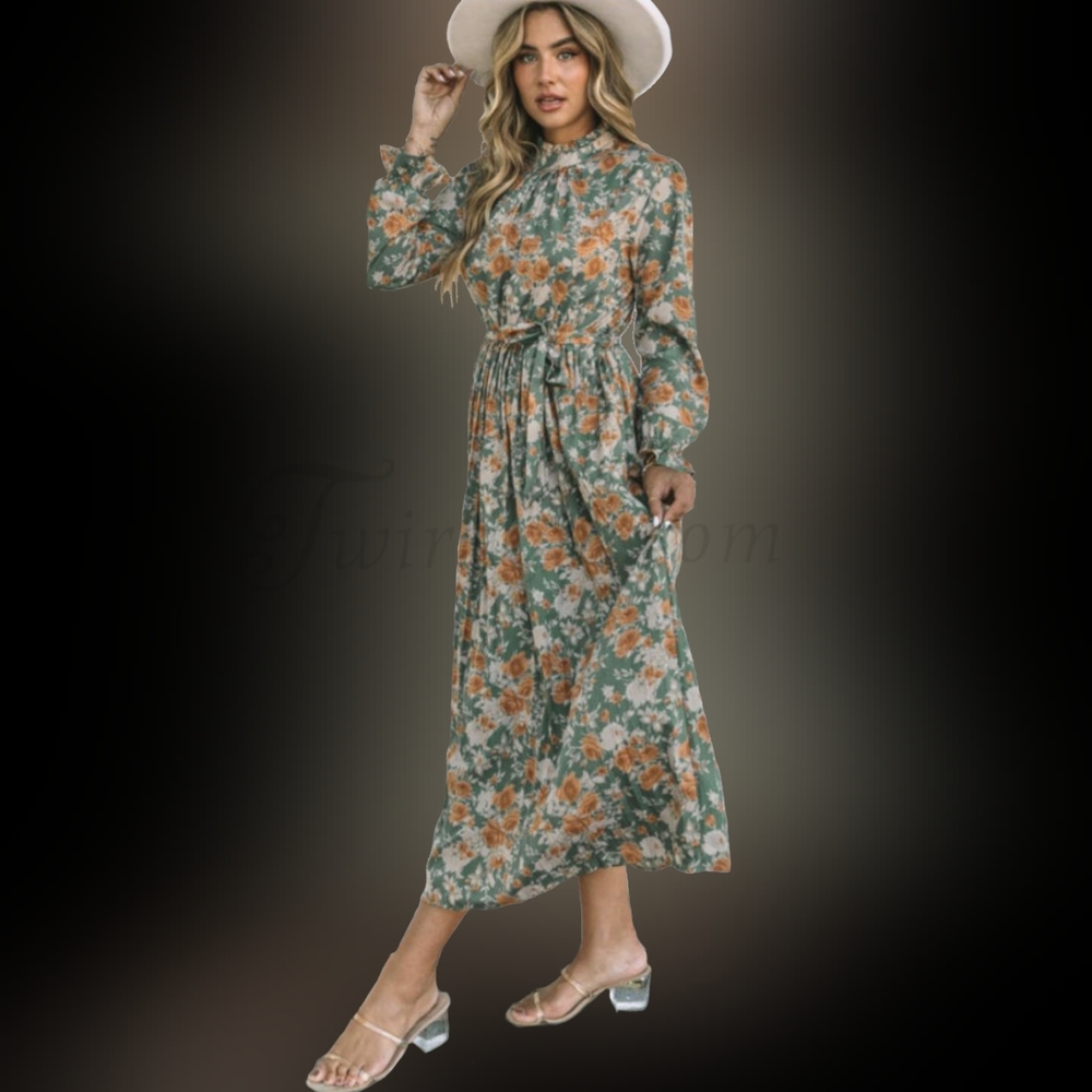 Clementine: Green Floral Midi Dress